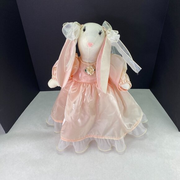 Vintage Handmade Fabric Bunny Rabbit Doll Dress and Faux Pearls - Picture 2 of 8
